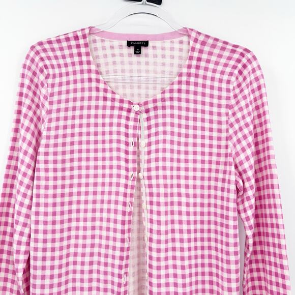 Talbots Pink Gingham Check Button Front Cardigan Sweater Womens Size Medium - Picture 4 of 11